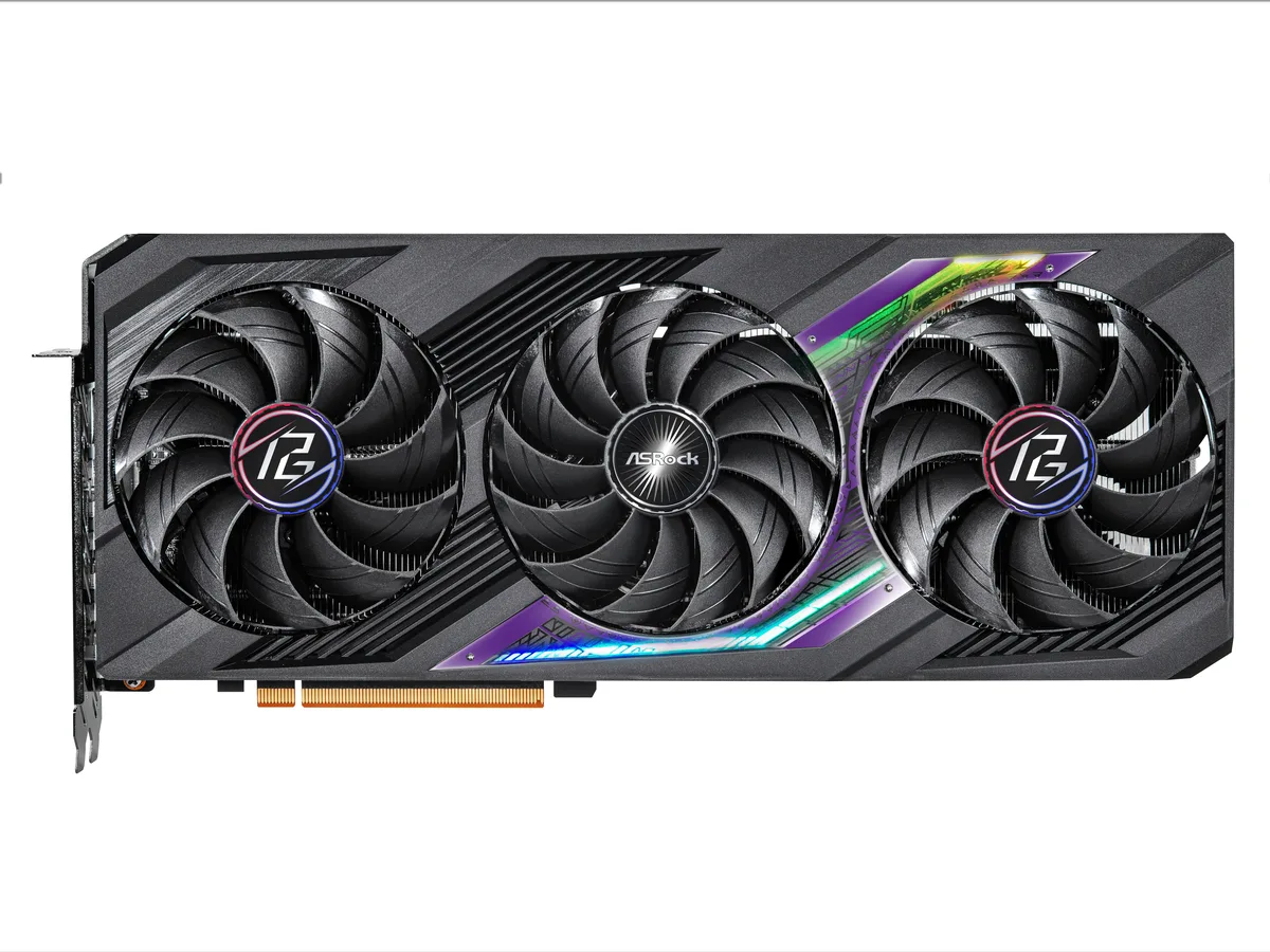 ASRock Phantom Gaming Radeon RX 7800 XT graphics card with triple-fan cooler, dark finish, three DisplayPort and one HDMI port