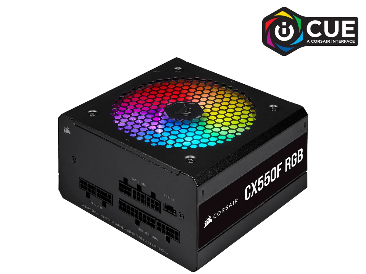 Black rectangular ATX power supply with 120mm RGB fan and modular cable sockets