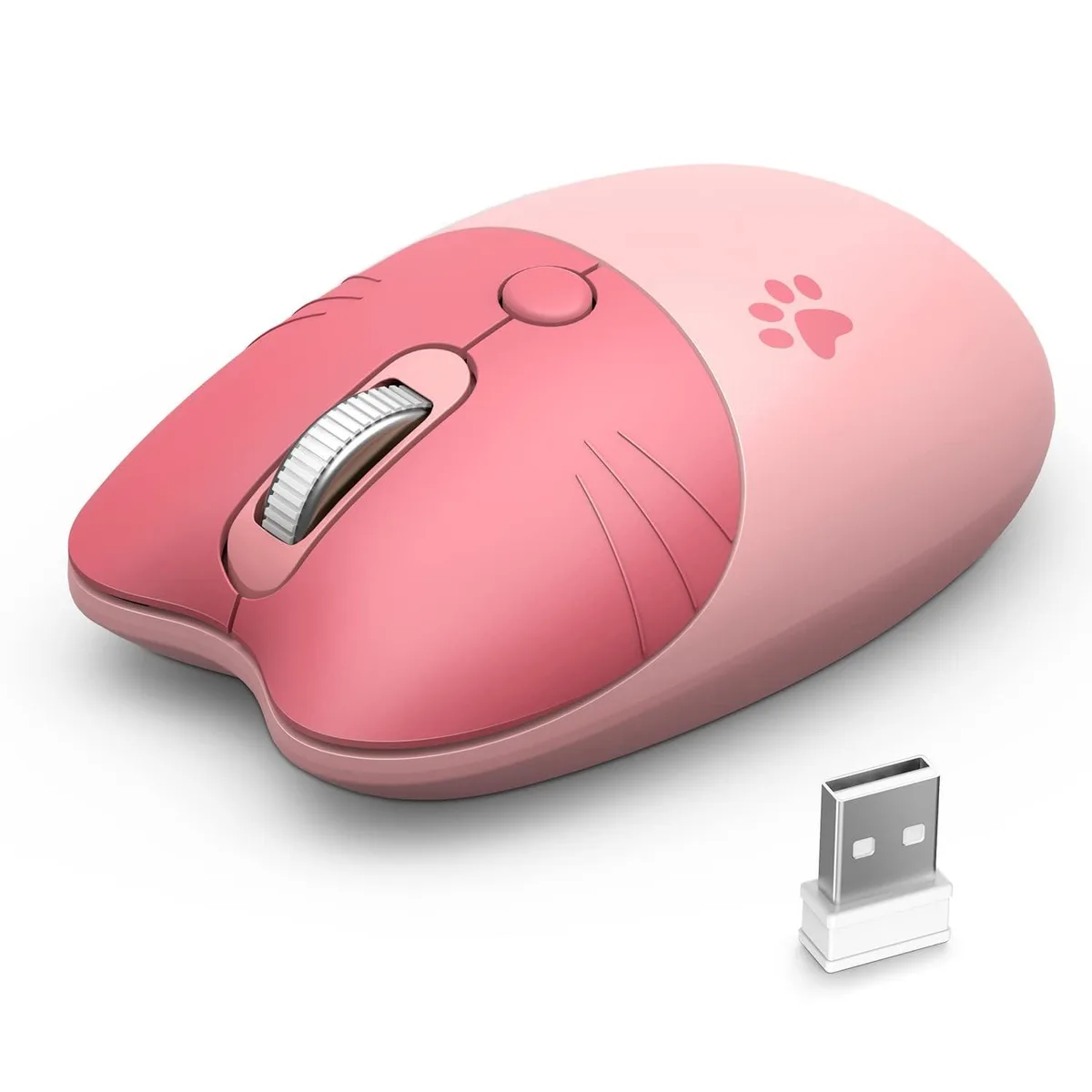 Pink wireless mouse with cat ear shape, compact oval form, frosted finish, USB nano receiver included