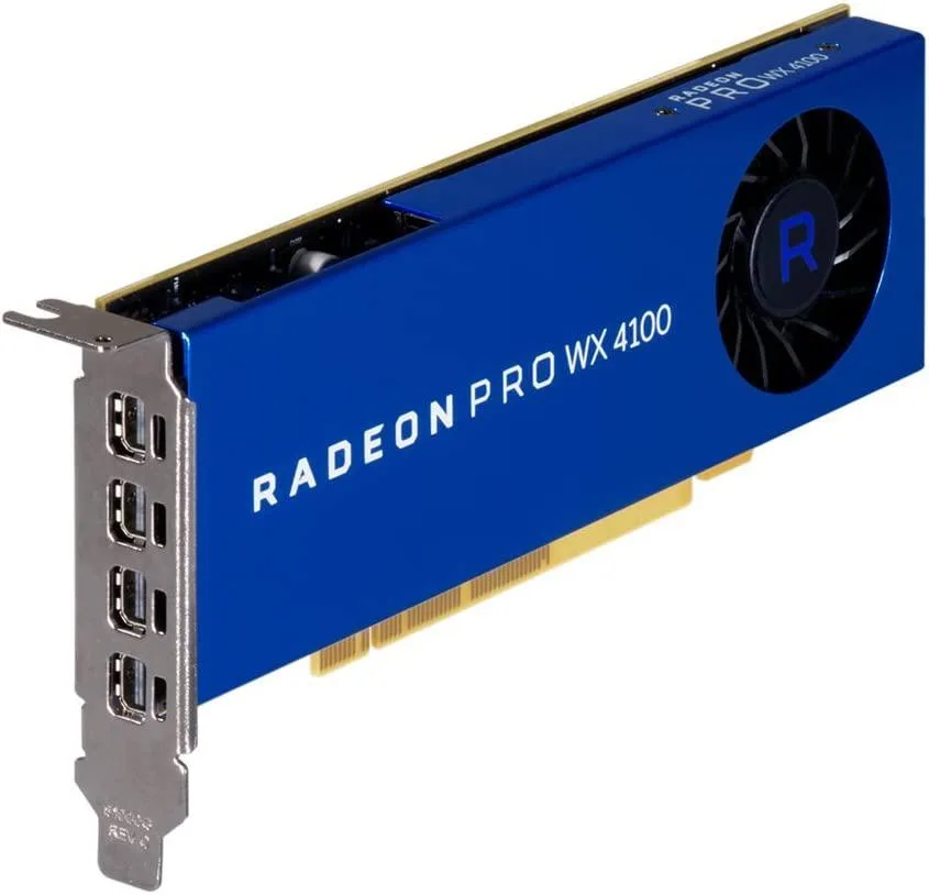 AMD Radeon Pro WX 4100 graphics card, full-height PCIe 3.0 x16, 4 GB GDDR5 memory, matte black cooler with single fan, metal bracket
