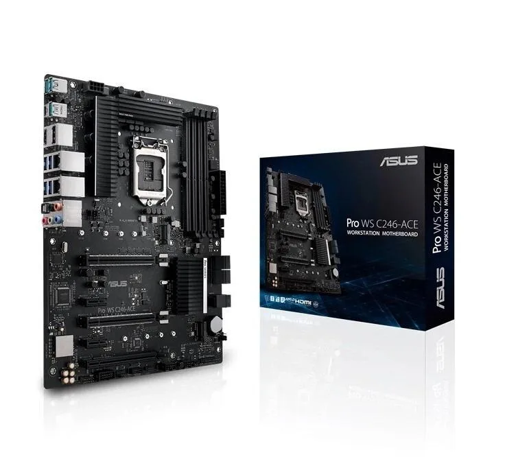 ASUS PRO WS C246-ACE ATX motherboard, dark PCB with silver heatsinks and LGA 1151 socket
