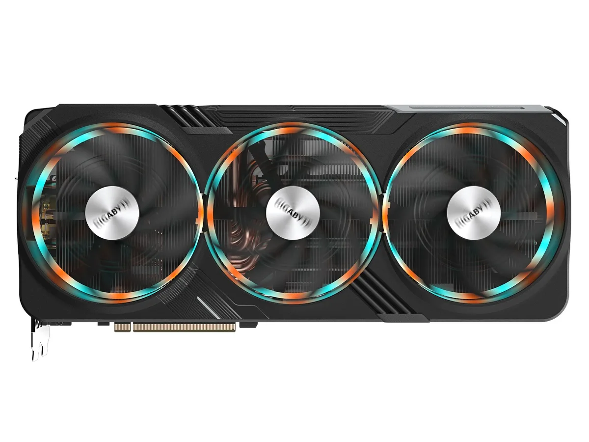 Black triple-fan graphics card with silver accents, 342 mm long, 3.7-slot design