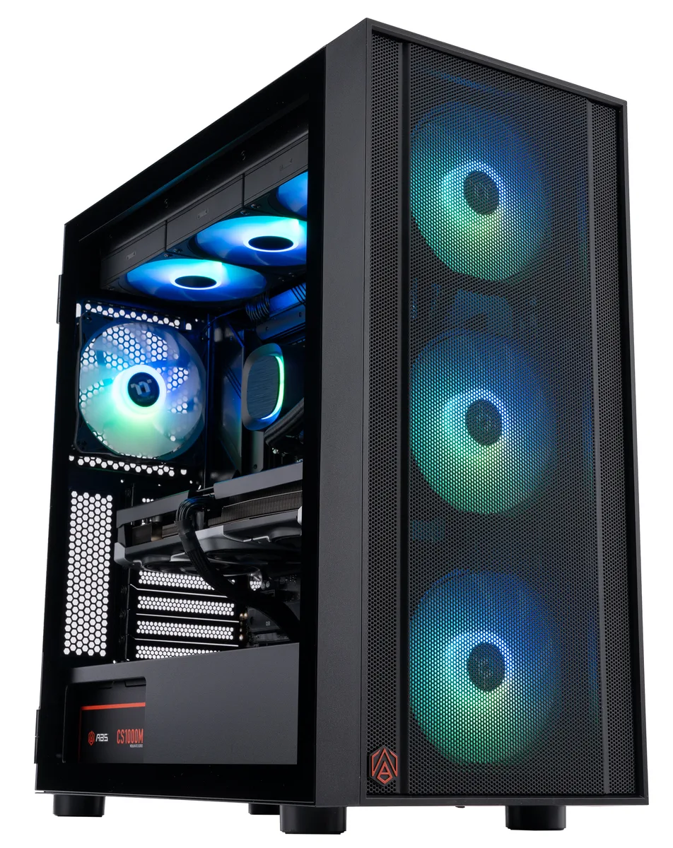 Black mid-tower gaming desktop with RGB-lit liquid cooler and transparent side panel