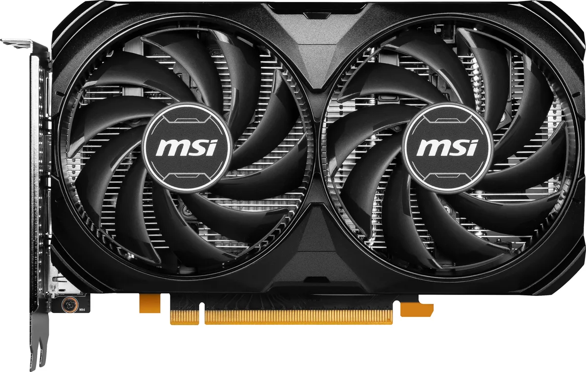 Black dual-fan graphics card with silver backplate, compact ATX form factor