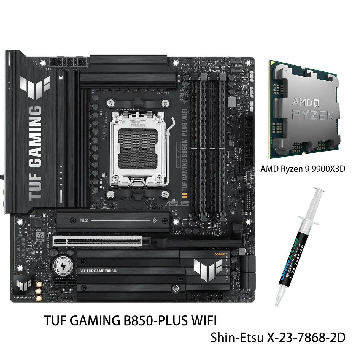ASUS TUF B850 ATX motherboard and Ryzen 9 9900X3D CPU combo in retail packaging