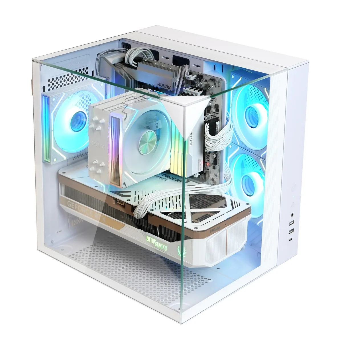 White ATX mid tower with three sided tempered glass panels and three preinstalled ARGB fans