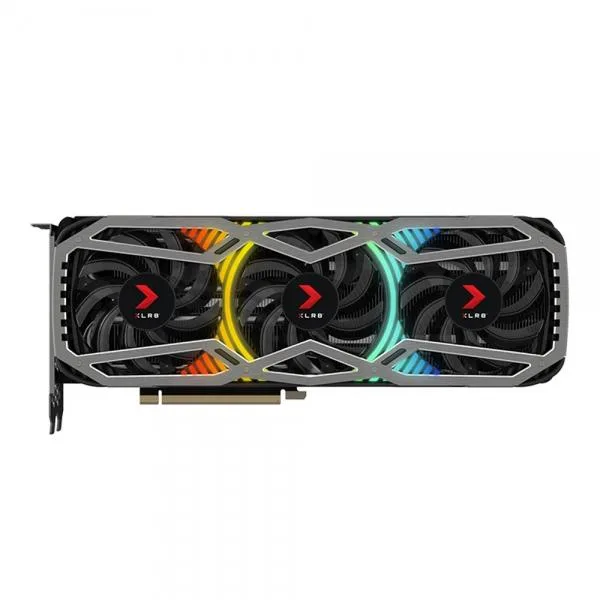 PNY XLR8 GeForce RTX 3070 REVEL EPIC-X RGB triple-fan graphics card in dark finish with RGB lighting accents