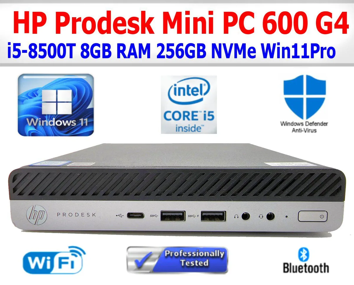 Small black HP ProDesk 600 G4 Mini desktop unit