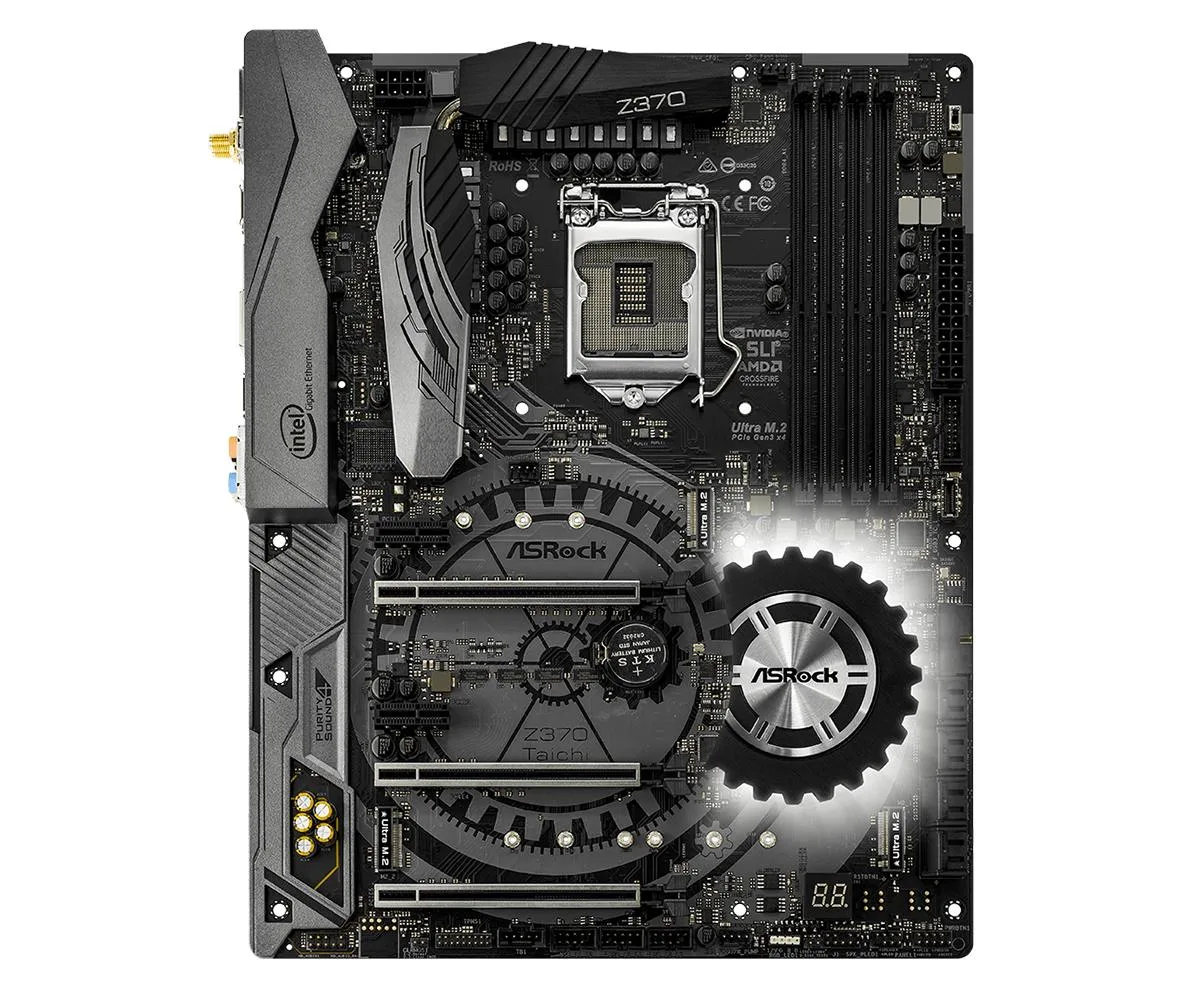 ATX motherboard with black and silver heatsinks and gear motif