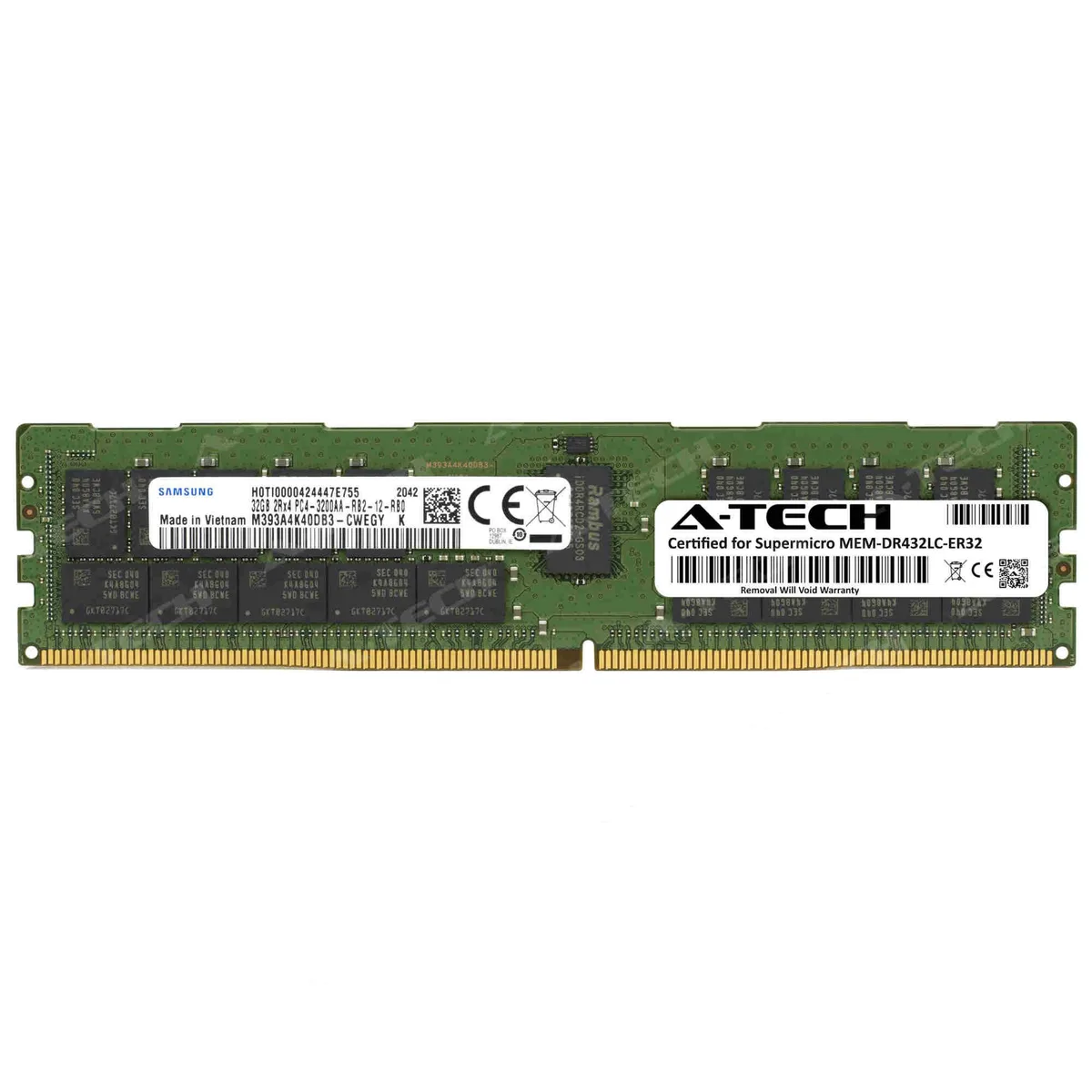 Green 288-pin DDR4 RDIMM module with black Samsung chips, silver heatsink, gold contacts