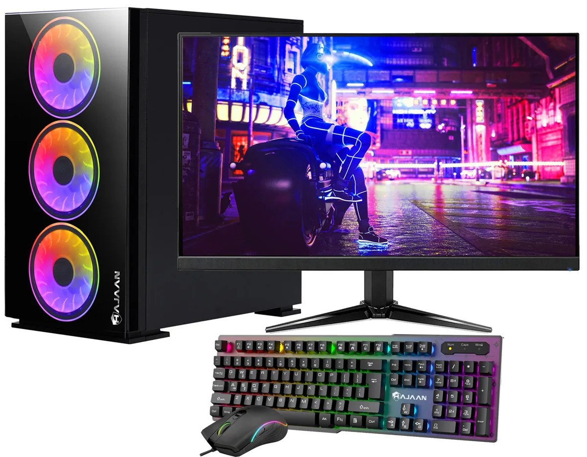 Black mid-tower gaming PC with glass front panel and RGB fans, paired with a 27-inch curved monitor, keyboard and mouse