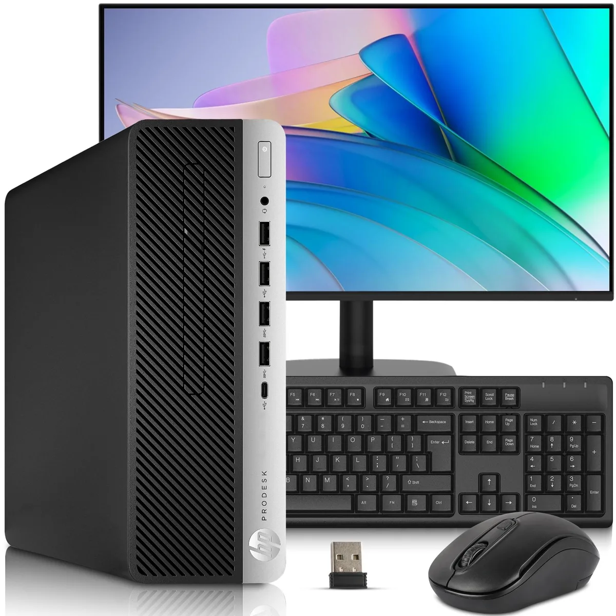 Small black tower desktop with 24 inch monitor wireless keyboard and mouse