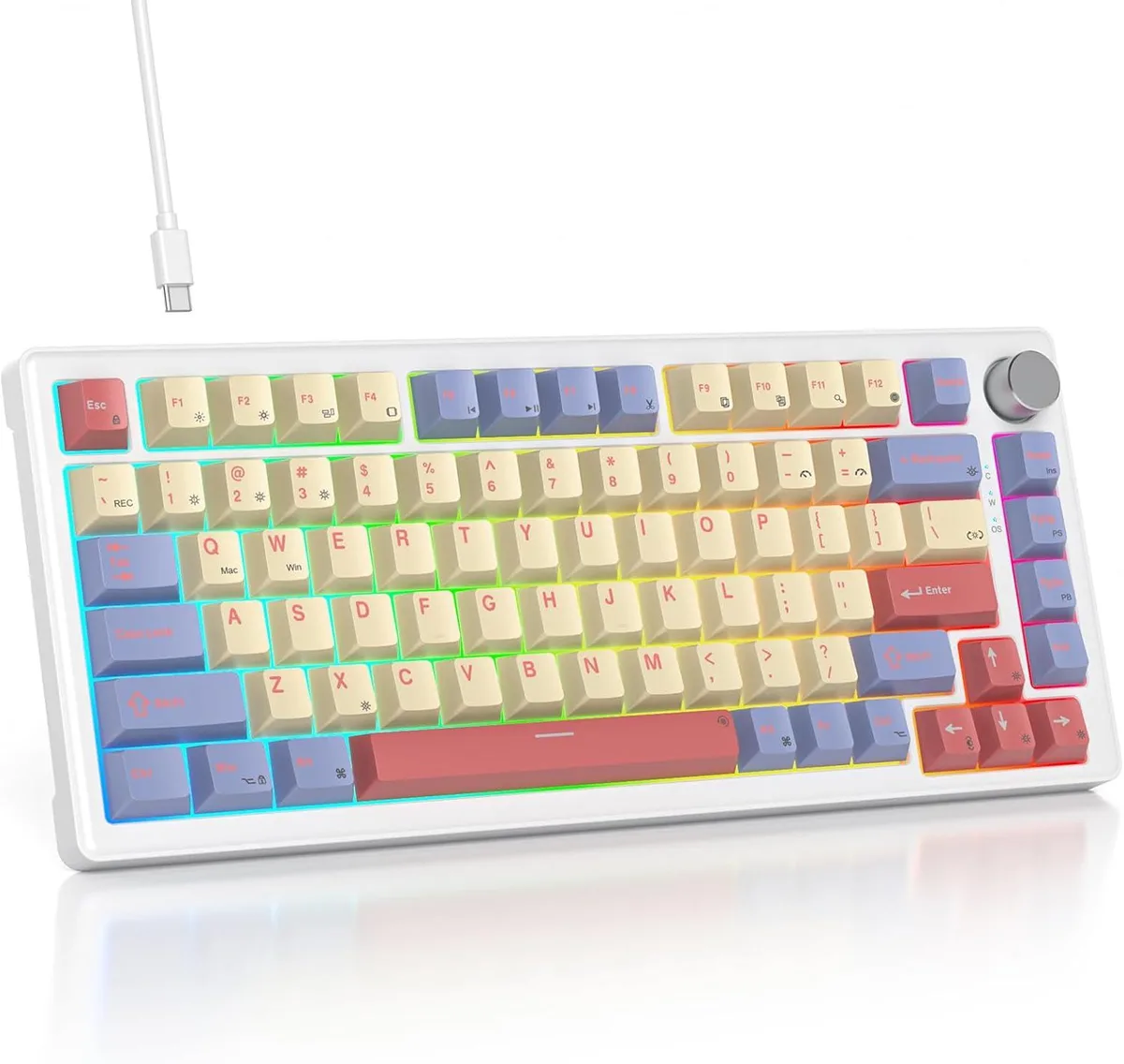 Compact 75% mechanical keyboard with volume knob, white keycaps and RGB backlighting
