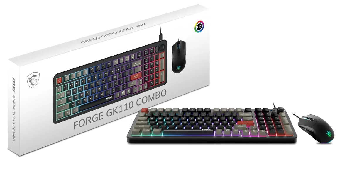MSI FORGE GK110C keyboard and mouse combo, membrane keys, RGB lighting, USB wired
