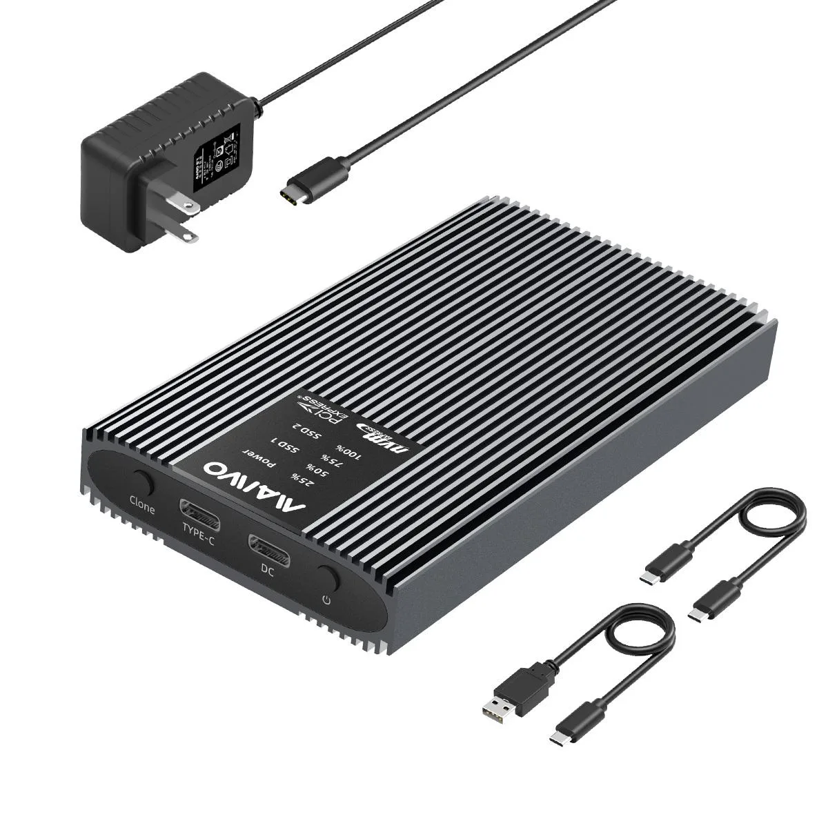 Black aluminium dual-bay M.2 NVMe cloner with USB-C port and status LEDs
