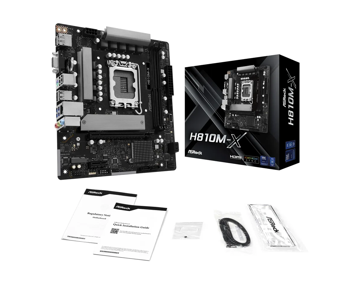 ASRock H810M-X Micro ATX motherboard, black PCB with aluminium heatsink, LGA 1851 socket, two DDR5 slots, HDMI DisplayPort D-Sub