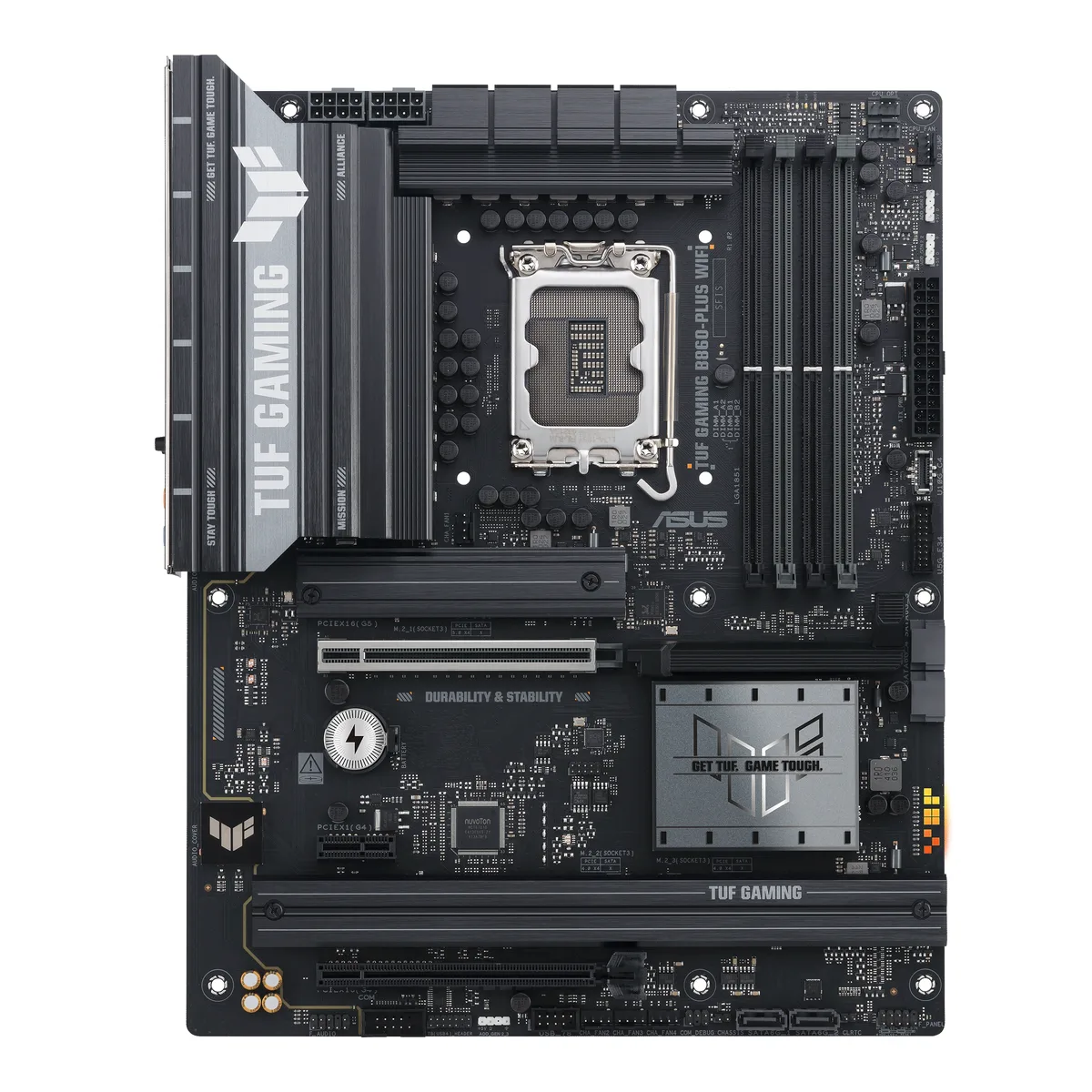 Rectangular ATX motherboard with dark grey heatsinks, yellow TUF accents, four DDR5 slots, three M.2 covers, rear I/O shield
