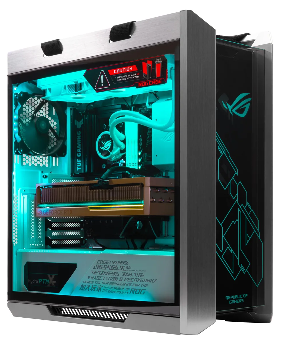 White mid-tower gaming desktop with RGB lighting and liquid cooling visible