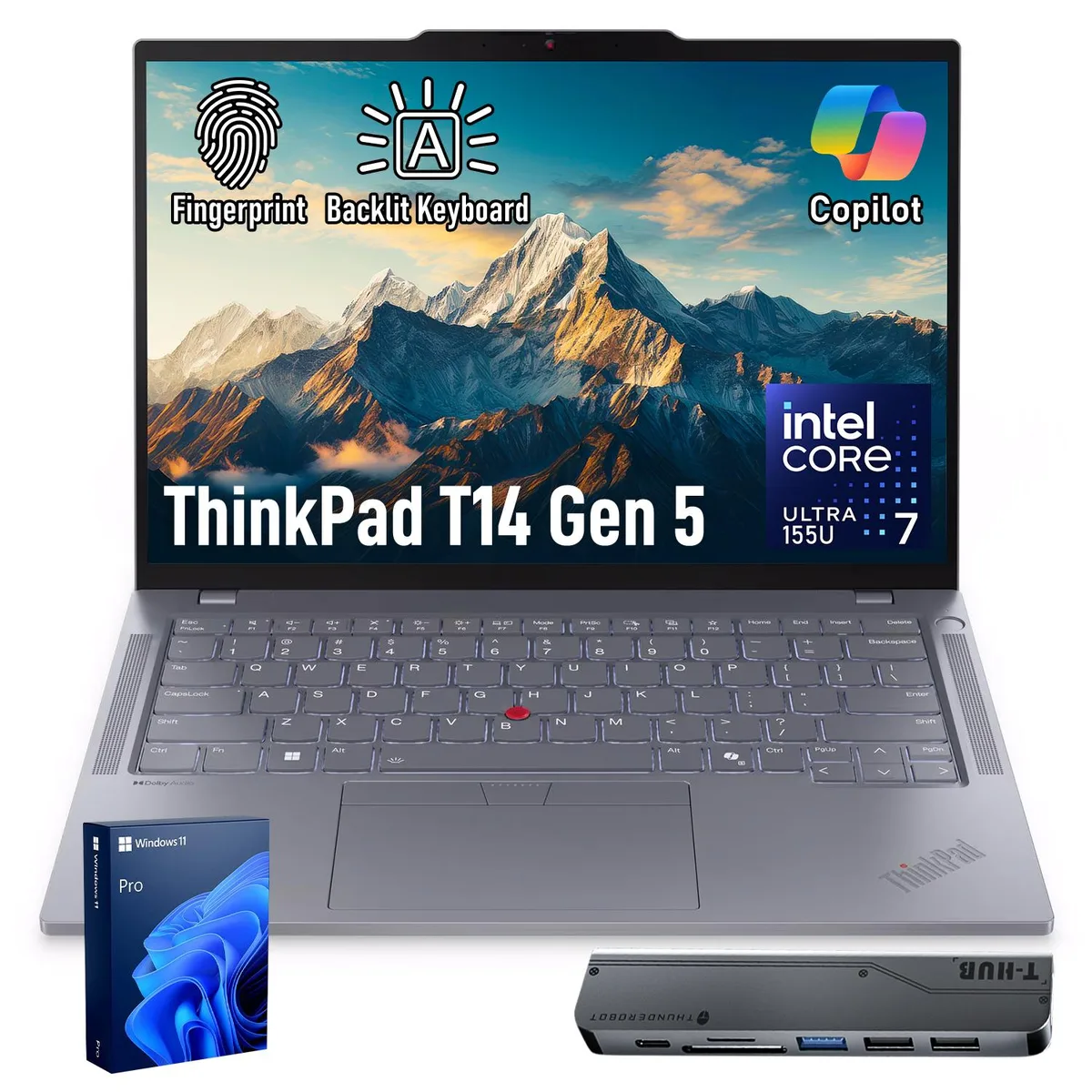 Grey 14-inch ThinkPad T14 laptop with 7-in-1 USB-C hub