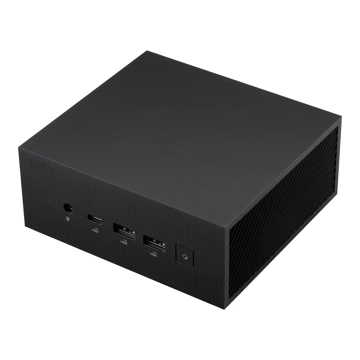 Compact black mini PC barebone unit with front USB-C, USB-A and audio ports
