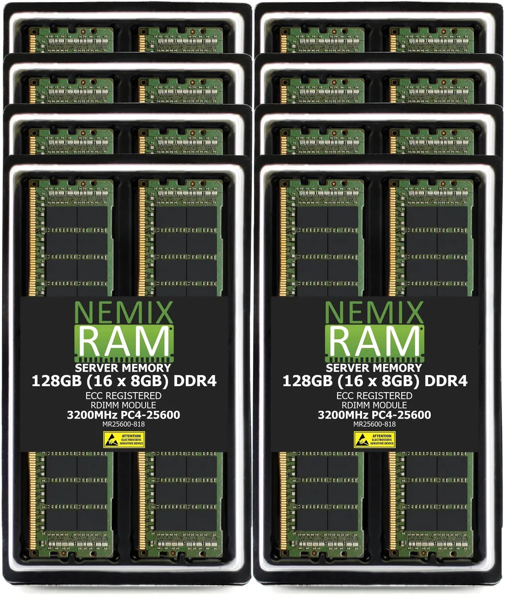 Sixteen green DDR4 registered DIMMs with silver heat spreaders in a tray