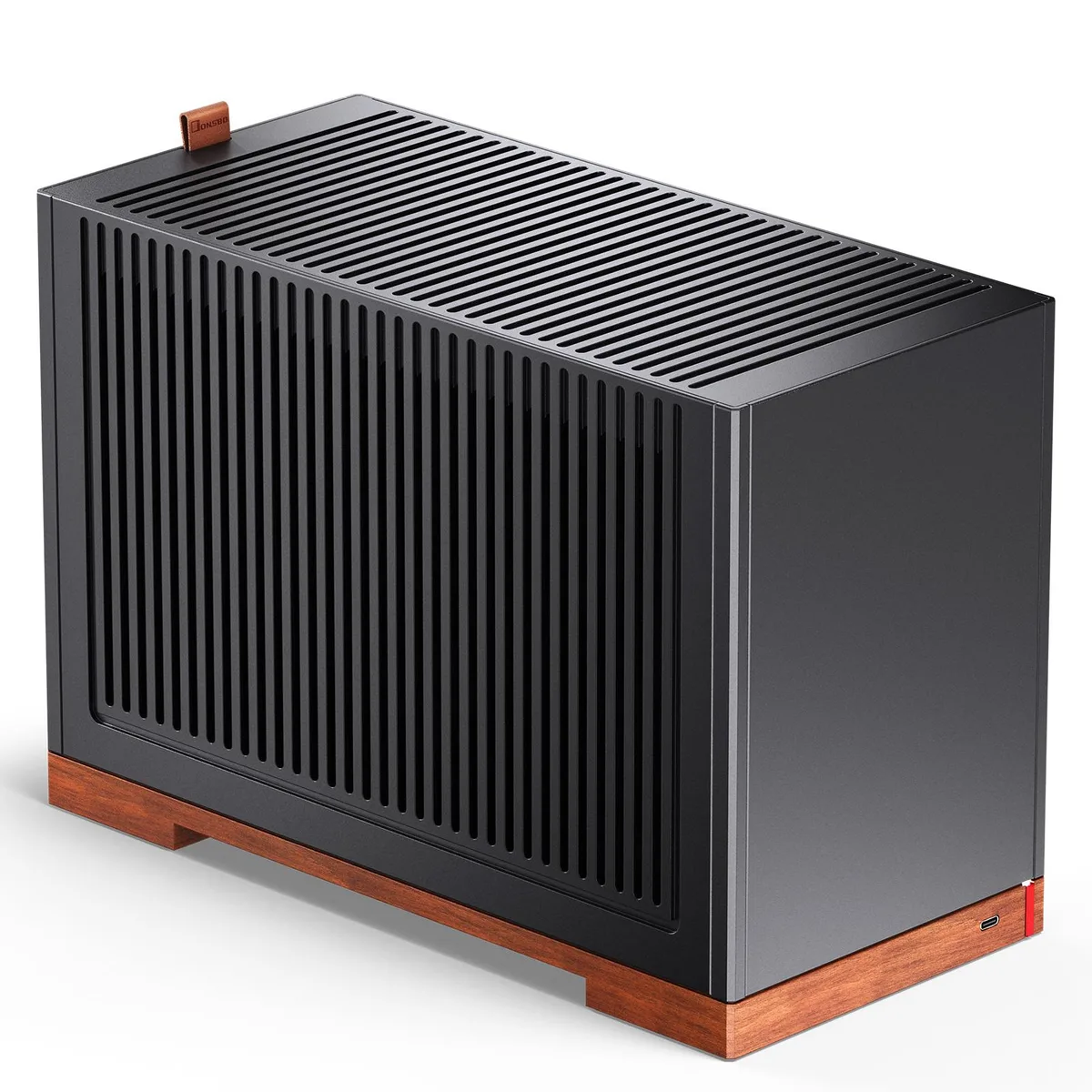 JONSBO JONSBO T9 BLACK Mini-ITX PC Case, 4.0mm Aluminium, Wood Base, SFX 100mm, GPU 202-310mm, PCIe 5.0 Cable, Black — product photo
