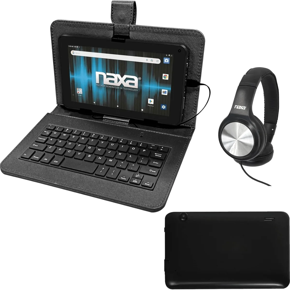 Black 7-inch Android 11 tablet with keyboard case and wired headphones