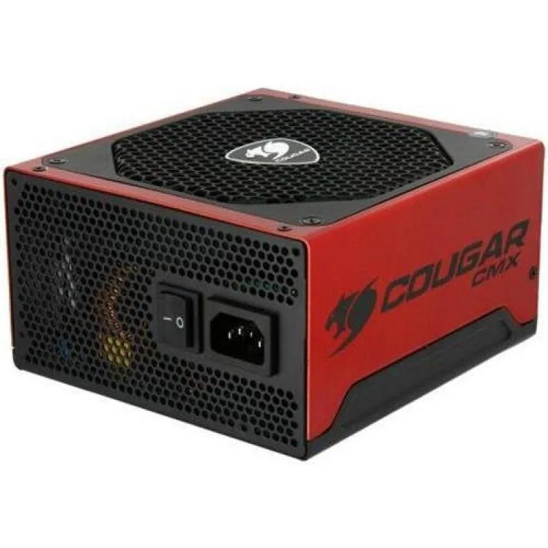 Rectangular black and orange metal power supply unit with honeycomb vent pattern