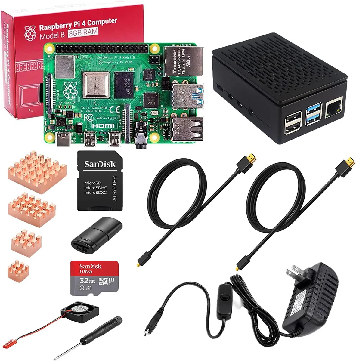 BFKK BFKK Raspberry Pi 4 8GB Kit 32GB SD Fan Heatsink Case — preces foto