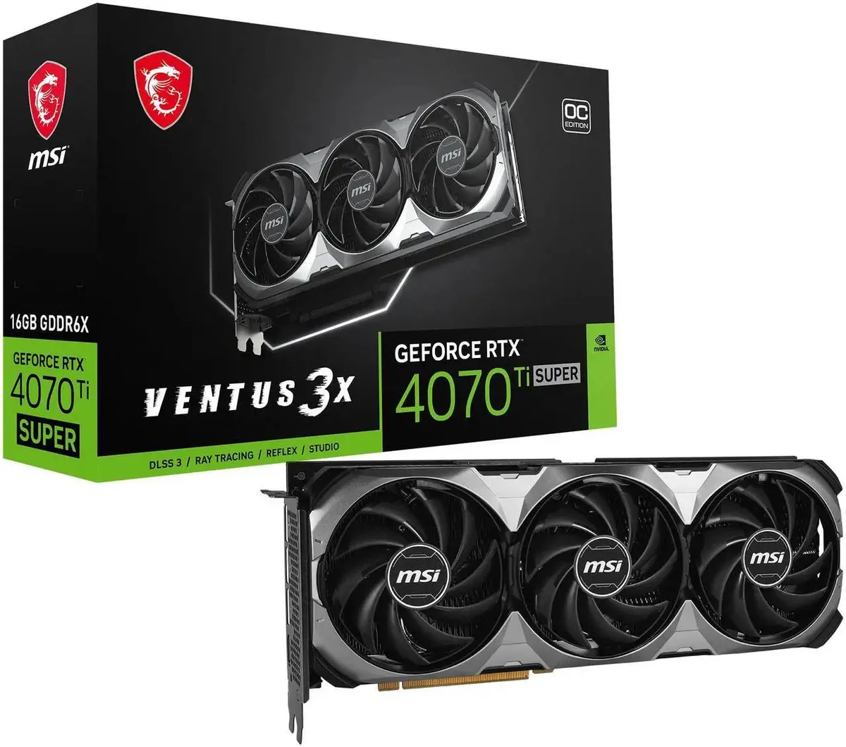 Silver triple-fan graphics card with exposed heatsink fins and PCIe 4.0 connector