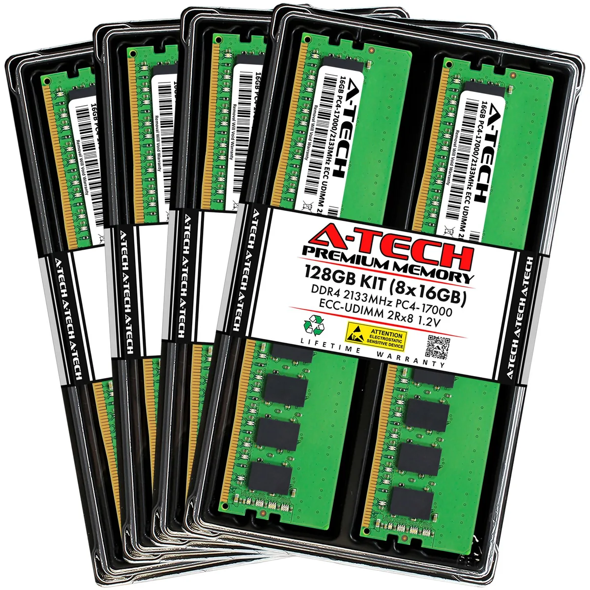 Eight green DDR4 DIMMs with black chips no heat spreaders