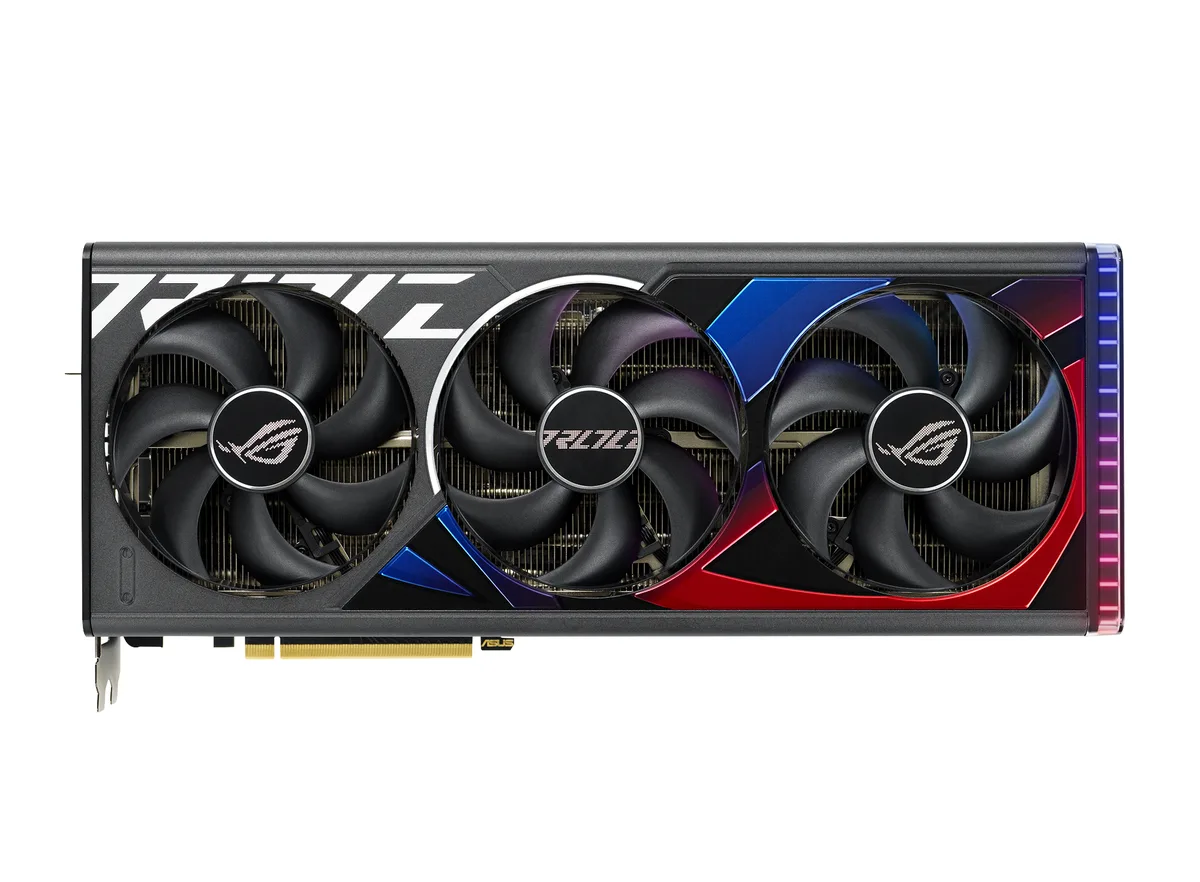 ASUS ROG Strix RTX 4080 graphics card, triple-fan cooler, 3.5-slot metal shroud and backplate, silver-grey finish