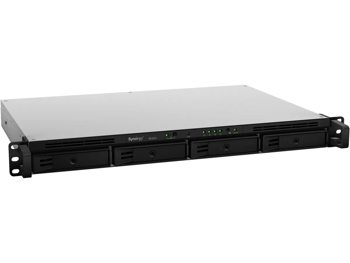 Silver 1U rackmount NAS with four front drive bays and front panel LEDs