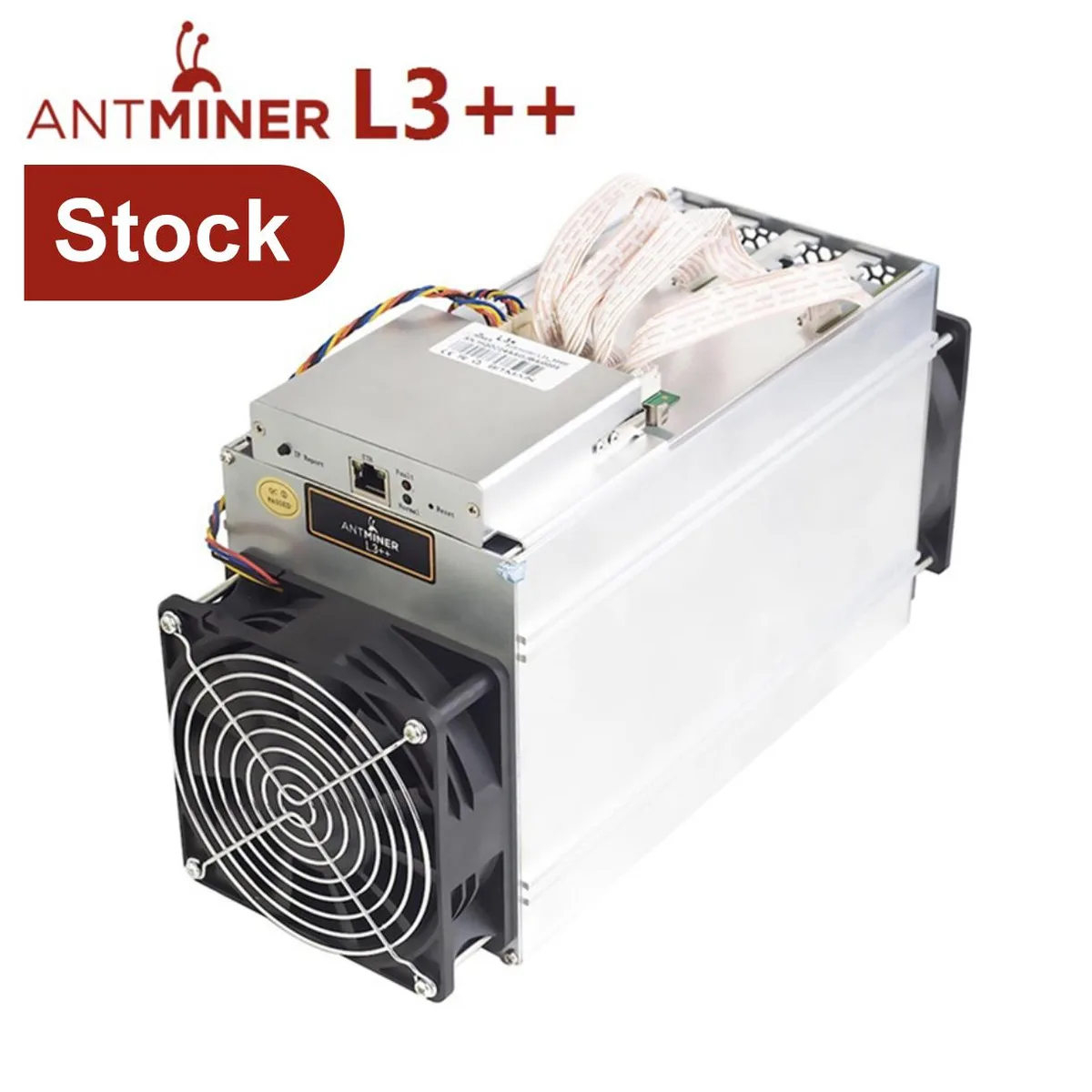 Rectangular silver mining unit with dual fans front and rear, compact alloy shell, Ethernet port and buttons on face