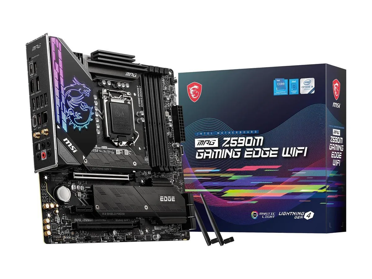 Black micro-ATX board with silver heatsinks and four DDR4 slots