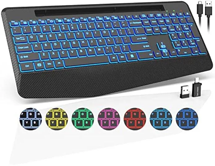 Black full-size wireless gaming keyboard with wrist rest, phone holder, and backlit keys