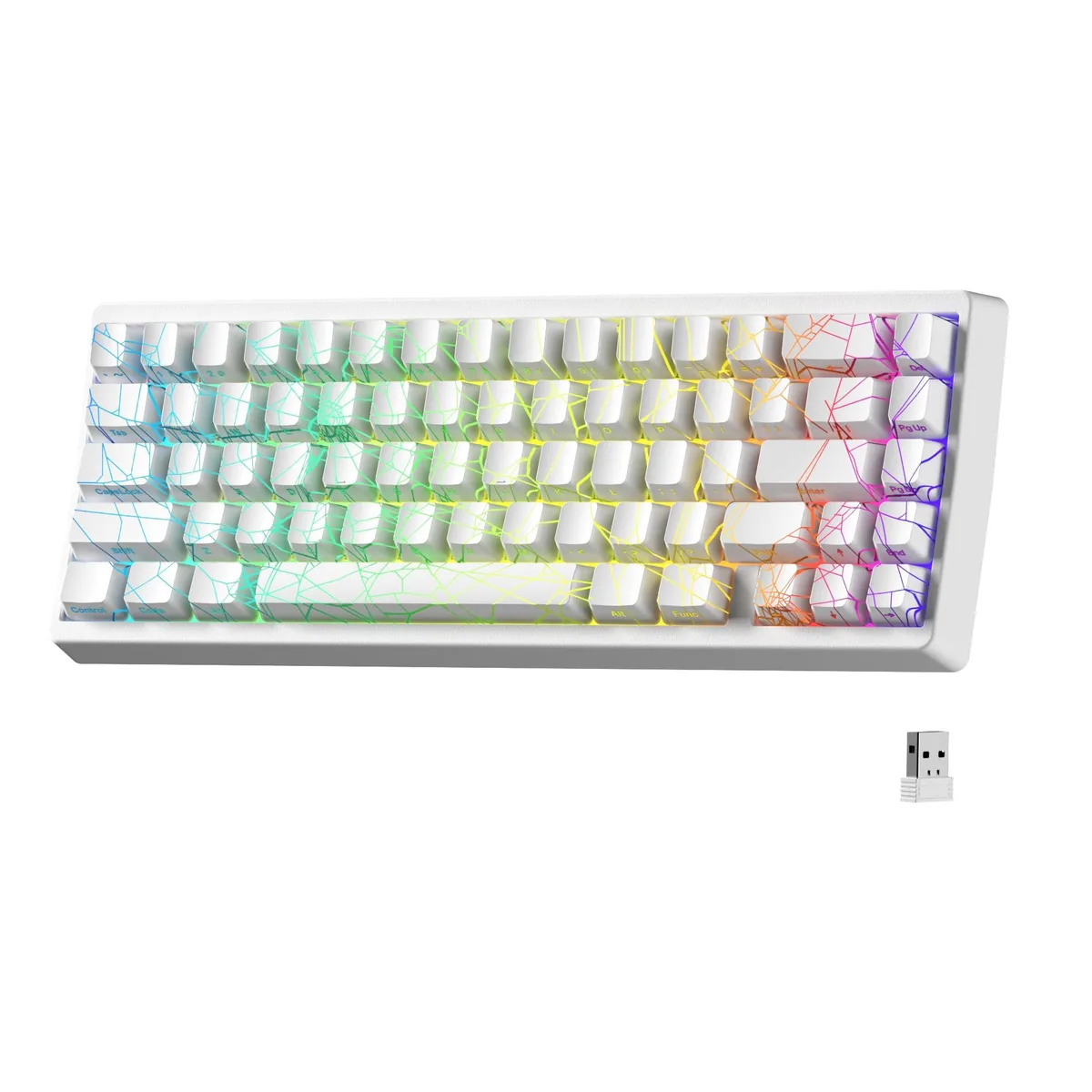 White 60 percent mechanical keyboard with spider web pattern, curved profile, gasket mount, RGB backlighting