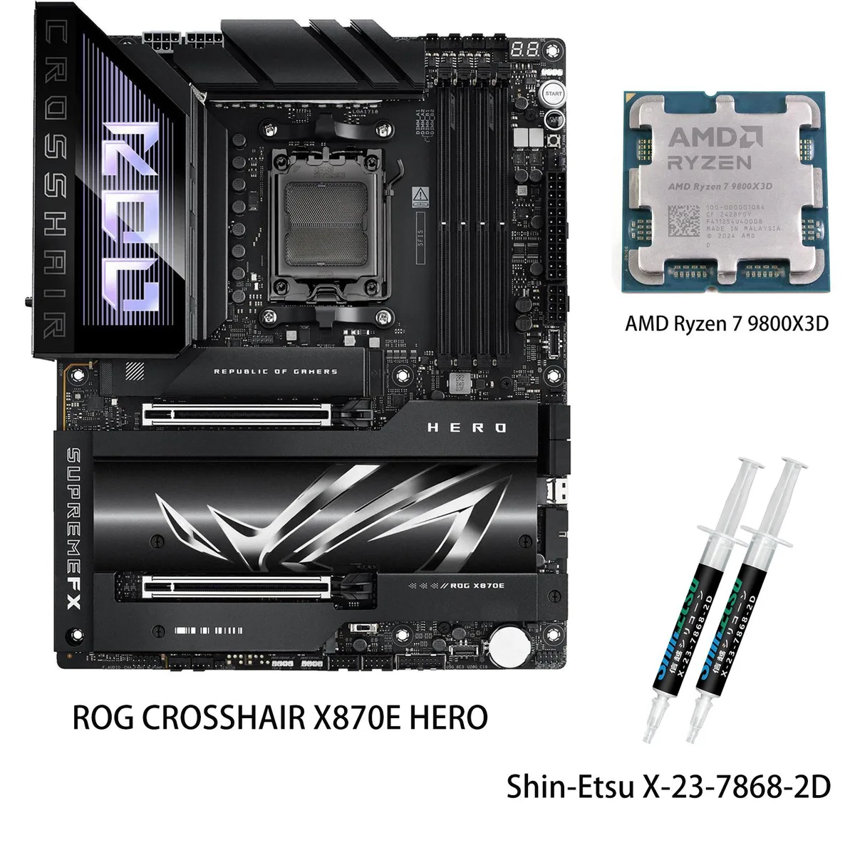 ATX motherboard in black with silver heatsinks and CPU in socket