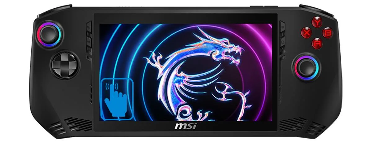Black handheld gaming device with 7 inch touchscreen display and ergonomic grip design