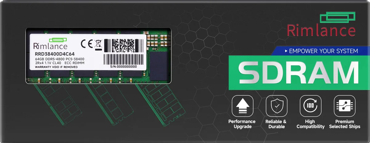 Green rectangular DDR5 RDIMM module with black chips and gold edge connectors