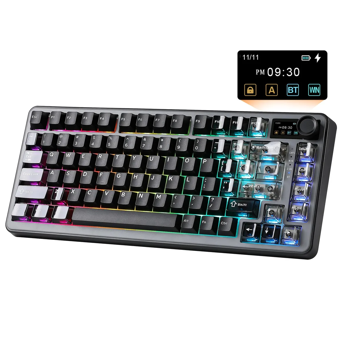 Black 75 percent mechanical keyboard with side knob and front screen, beige and white keycaps