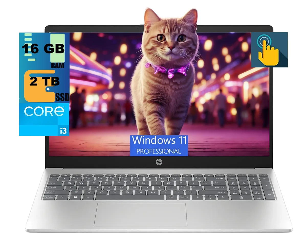 Silver 15.6 inch touchscreen laptop with flat keyboard deck