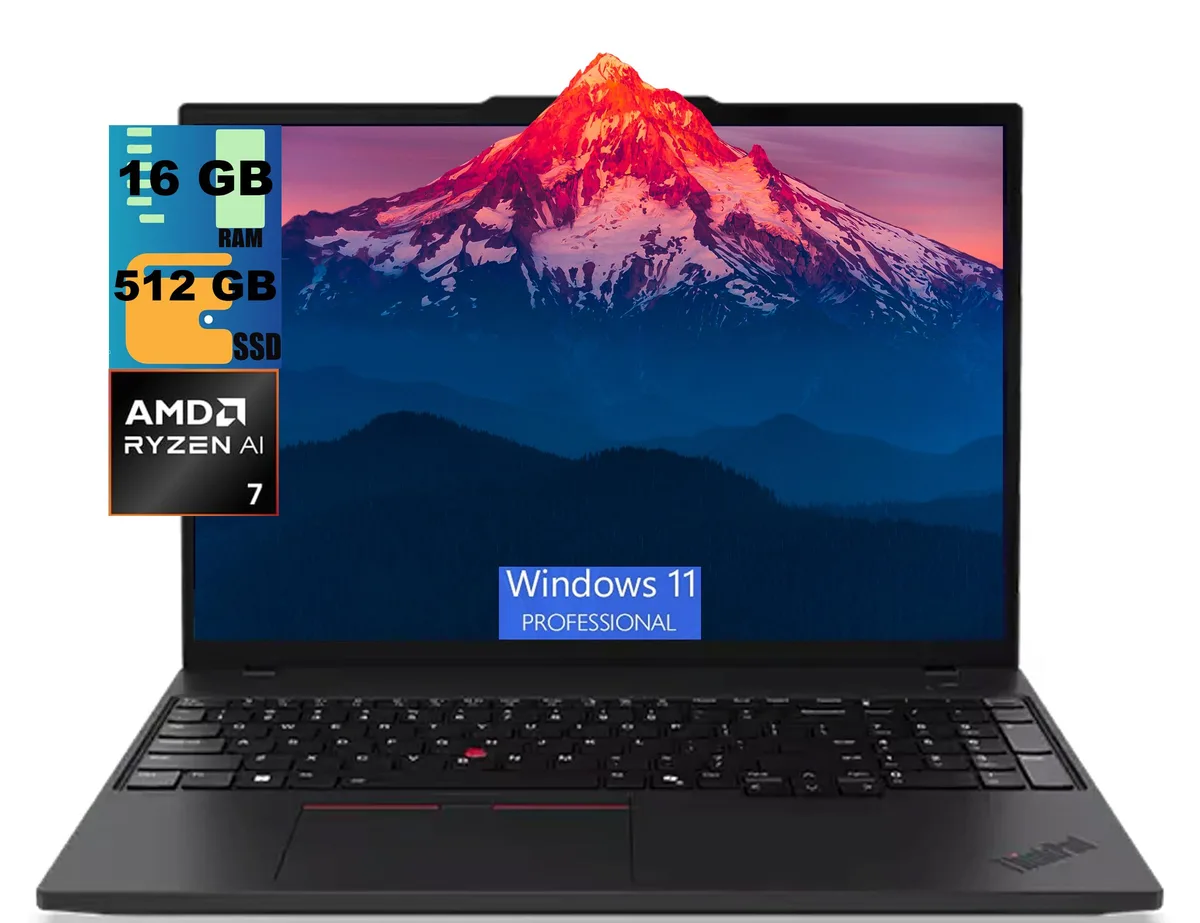 Black 16-inch ThinkPad T16 laptop with matte finish, backlit keyboard and fingerprint reader