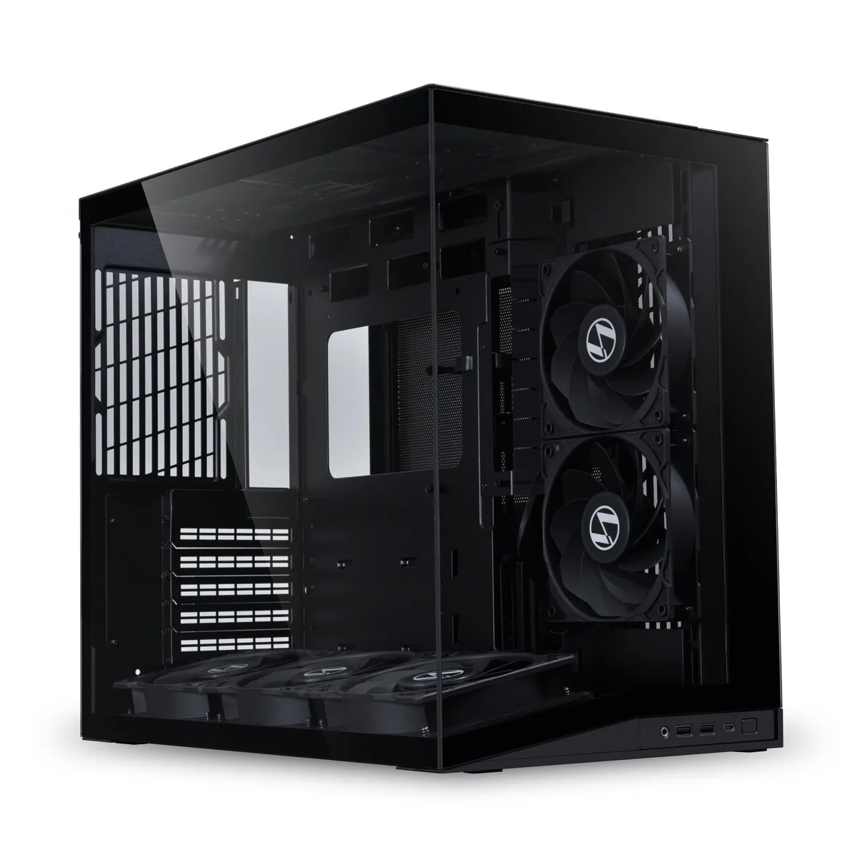 Compact black ATX mid-tower with tempered glass sides and mesh panels, five 120mm reverse-blade fans pre-installed