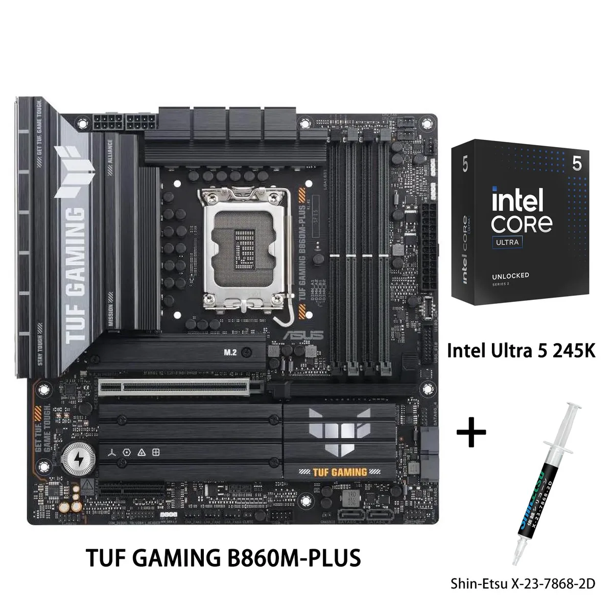 ASUS TUF B860M-PLUS mATX motherboard with Intel Ultra 5 245K CPU and Shin-Etsu thermal paste tube
