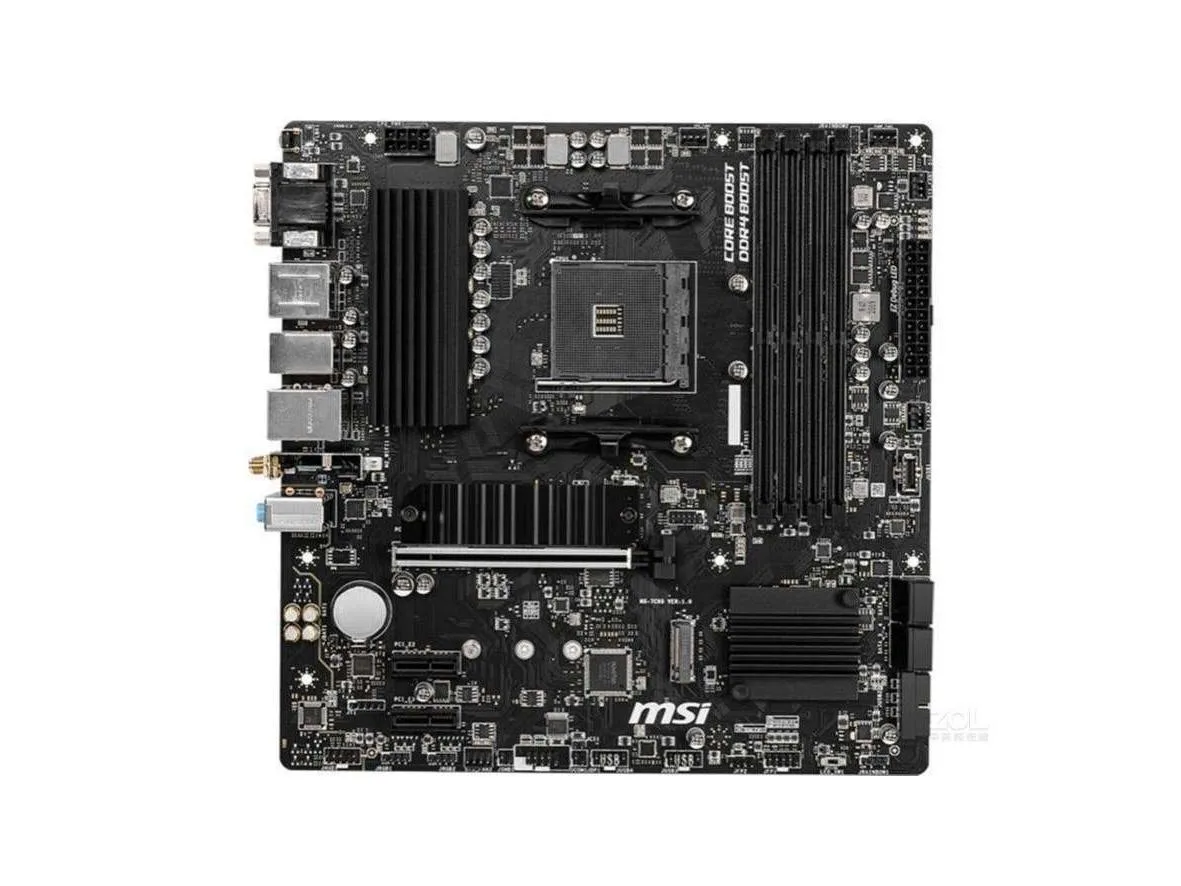 Micro ATX motherboard, black PCB, silver heatsinks, AM4 socket, four DDR4 slots, PCIe x16 slot, two M.2 shields