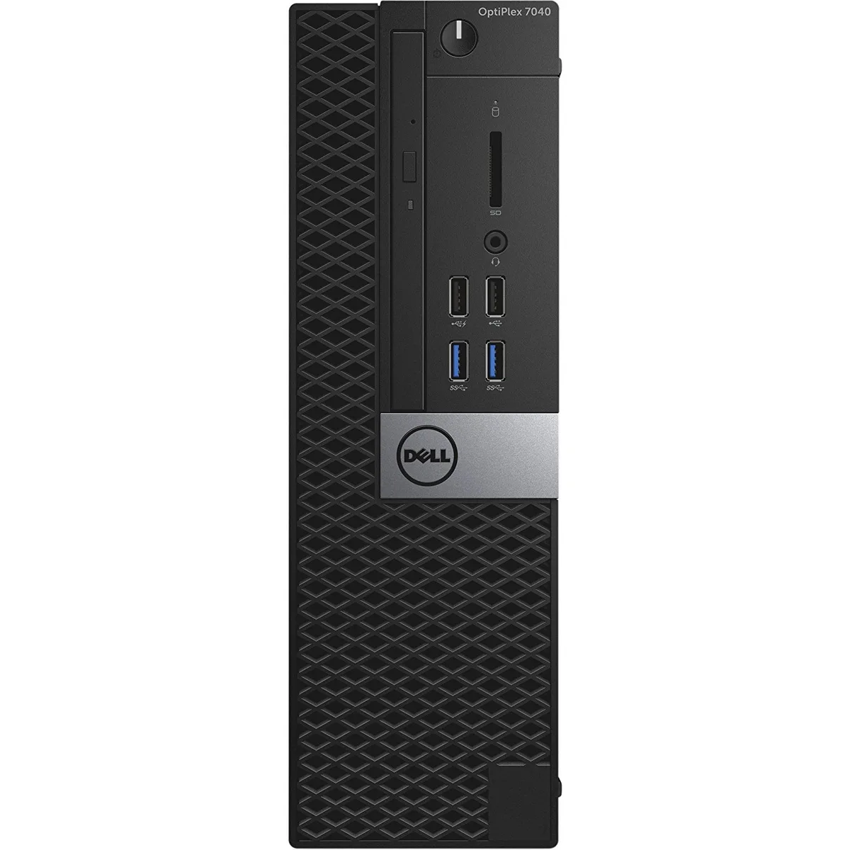 Black small-form-factor desktop tower with front DVD drive and USB ports