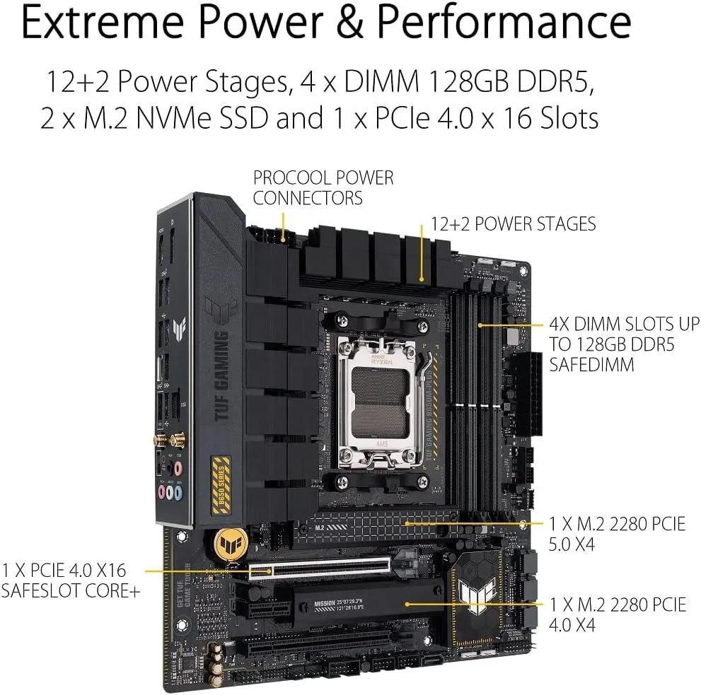 MicroATX motherboard with dark heatsinks and I/O shield