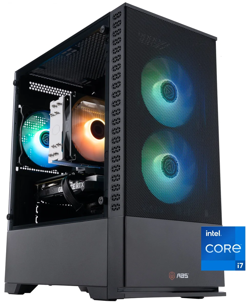 A mid-tower desktop in a dark steel case with a glass side panel, visible RGB memory and a dual-fan graphics card
