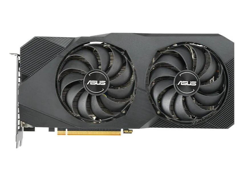 ASUS Dual Radeon RX 5700 graphics card with two axial fans, silver shroud and black backplate